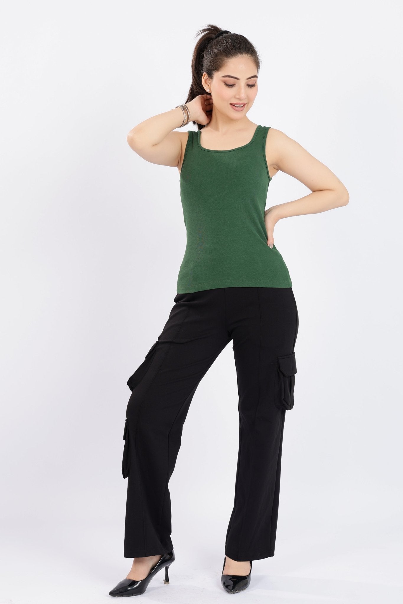 Bottlegreen square neck tank top [ 280 GSM non transparent fabric ] -Rib top