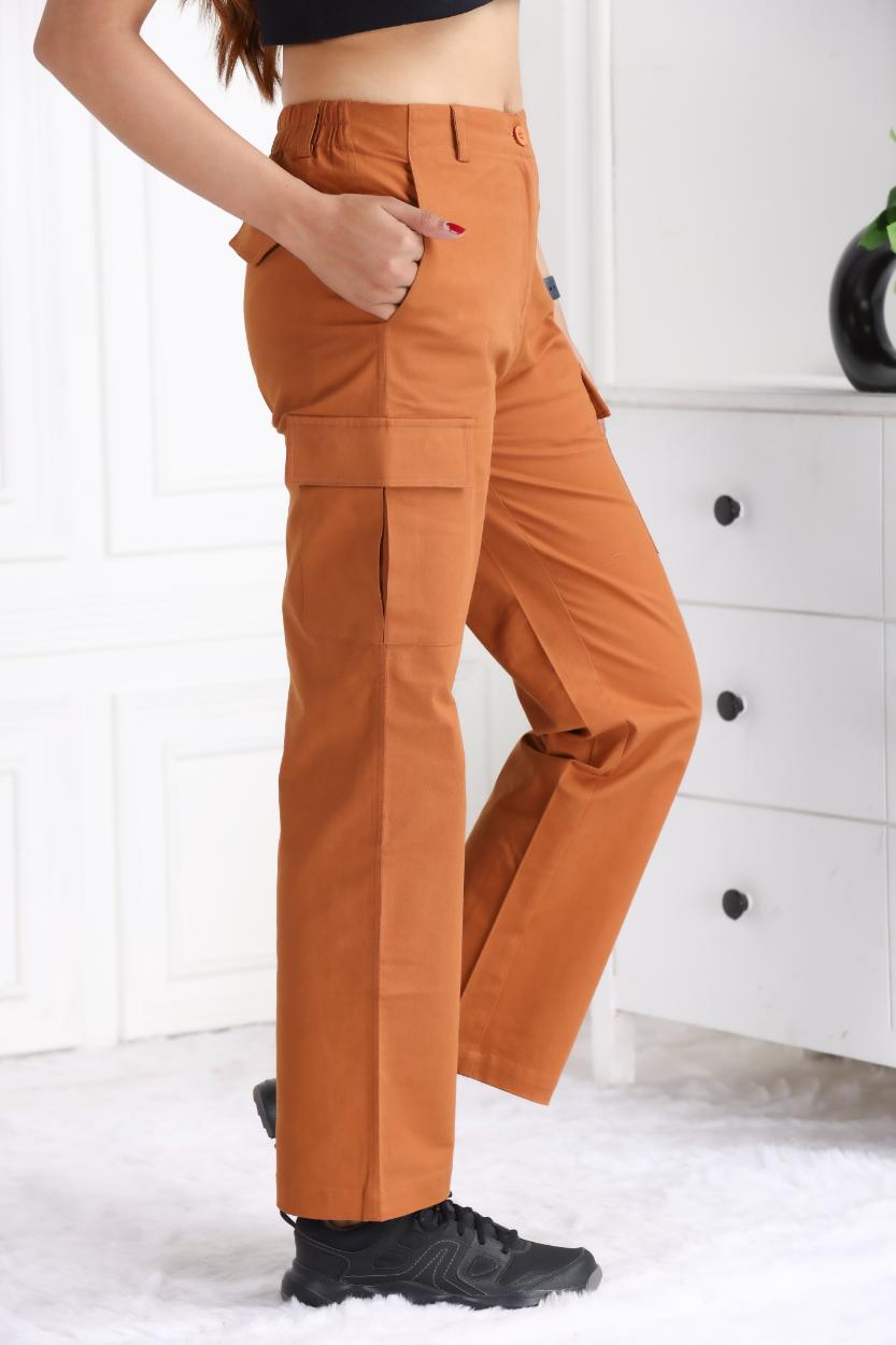 Brown stretchable biowash USA HQ cotton travel cargo pant with superior elastic belt. - Travel Cargo Pants