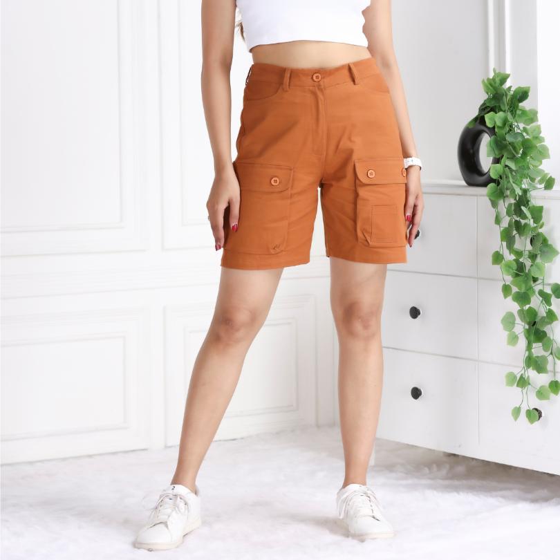 Brown stretchable biowash USA HQ cotton travel shorts with superior elastic belt. - Travel shorts