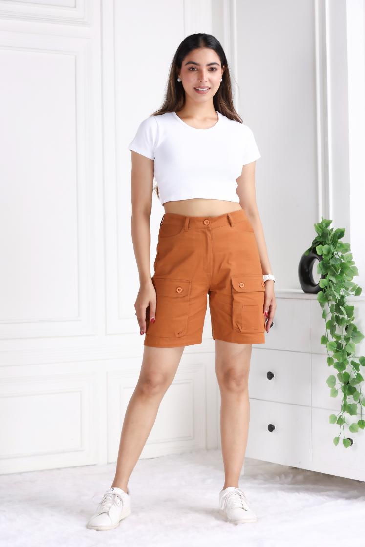 Brown stretchable biowash USA HQ cotton travel shorts with superior elastic belt. - Travel shorts