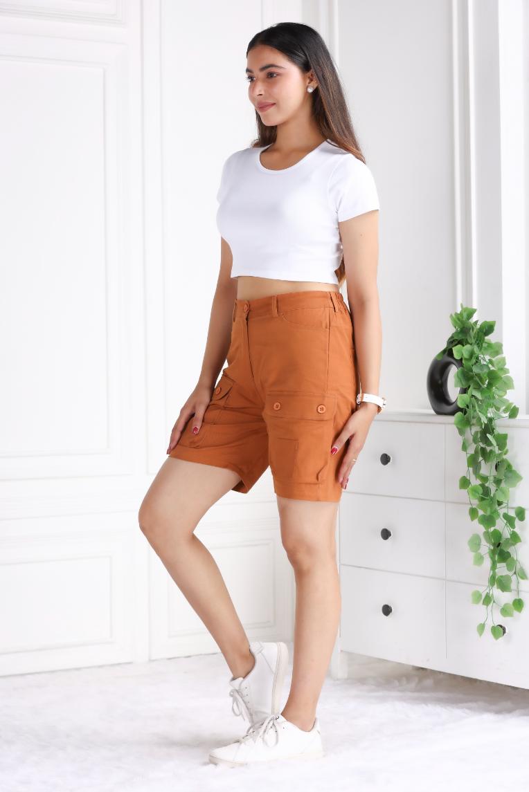 Brown stretchable biowash USA HQ cotton travel shorts with superior elastic belt. - Travel shorts