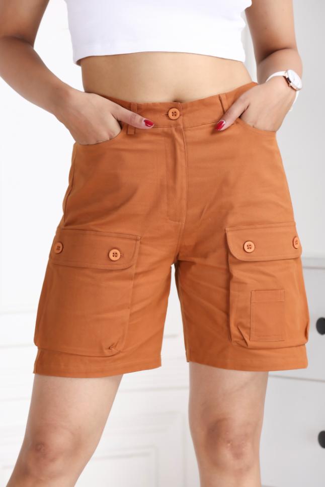 Brown stretchable biowash USA HQ cotton travel shorts with superior elastic belt. - Travel shorts