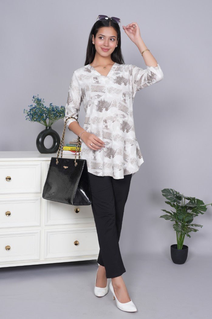 Brown v neck printed rayon flare top [100% Rayon] - Printed v neck top