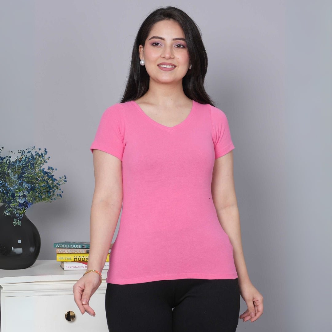 Bubblegum Pink Stretchable V Neck Rib T Shirt [ 100% USA HQ Cotton, 280 GSM non transparent fabric ] - Rib v neck t shirt