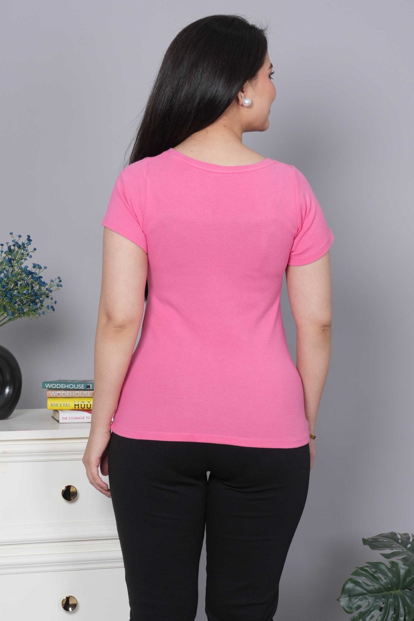 Bubblegum Pink Stretchable V Neck Rib T Shirt [ 100% USA HQ Cotton, 280 GSM non transparent fabric ] - Rib v neck t shirt
