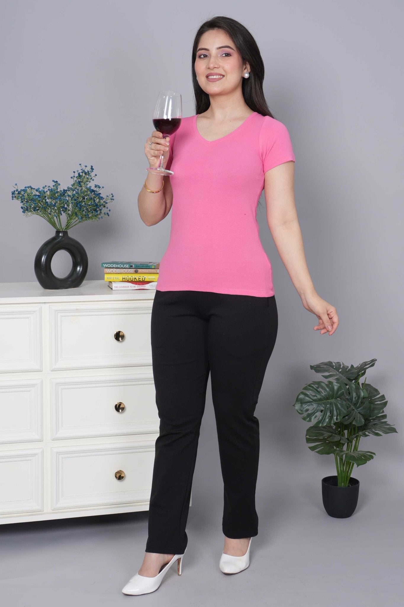Bubblegum Pink Stretchable V Neck Rib T Shirt [ 100% USA HQ Cotton, 280 GSM non transparent fabric ] - Rib v neck t shirt