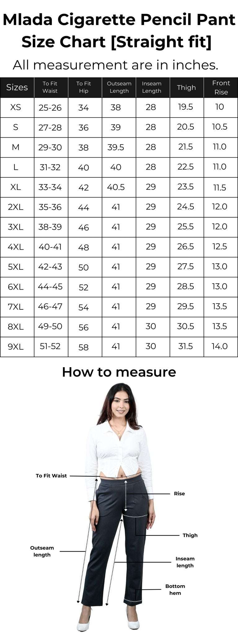 Cairo cigarette pants size chart