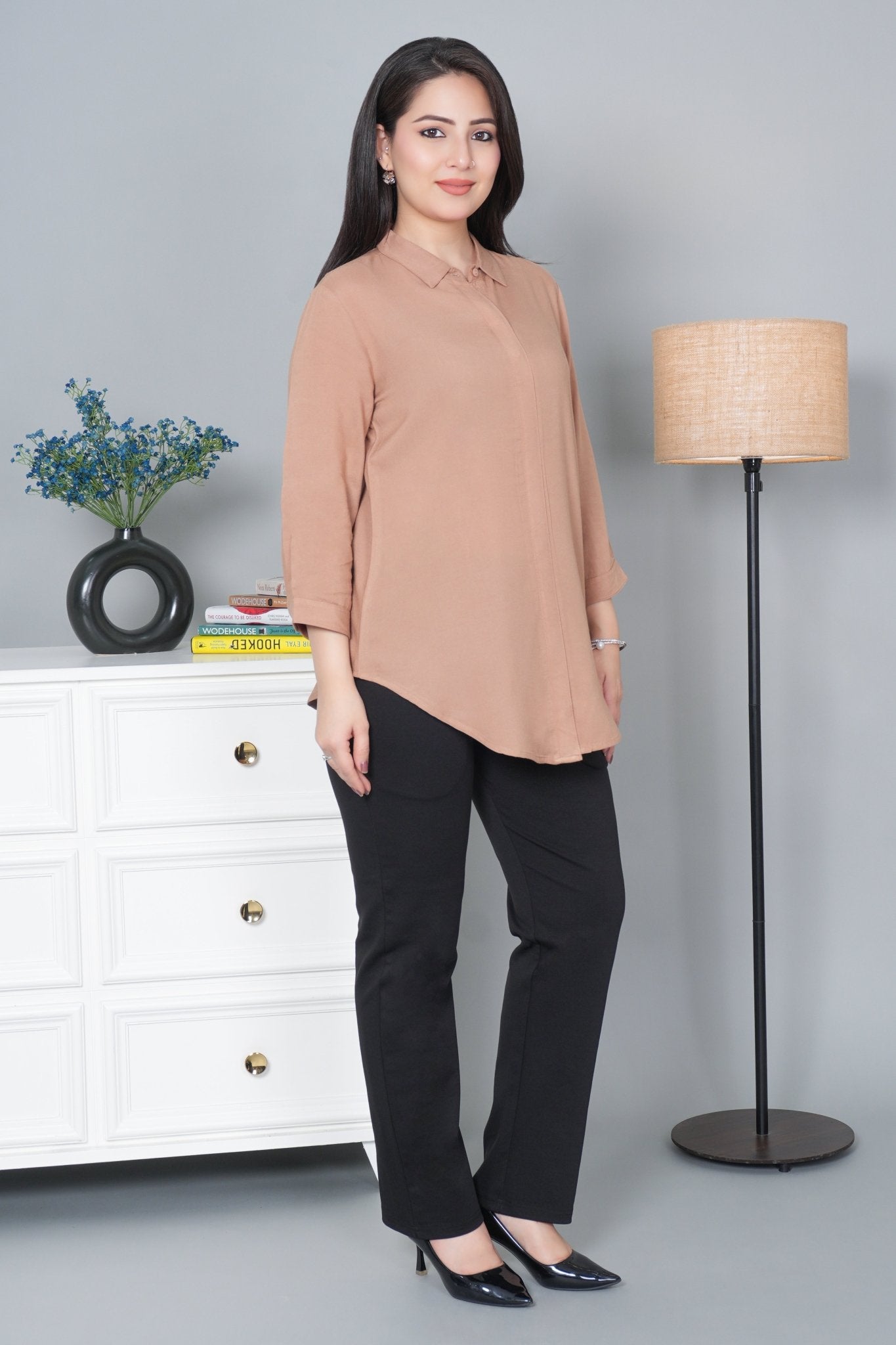 Camel long hemline shirt [ 100% Rayon, Liva Certified ] - Long hemline shirt