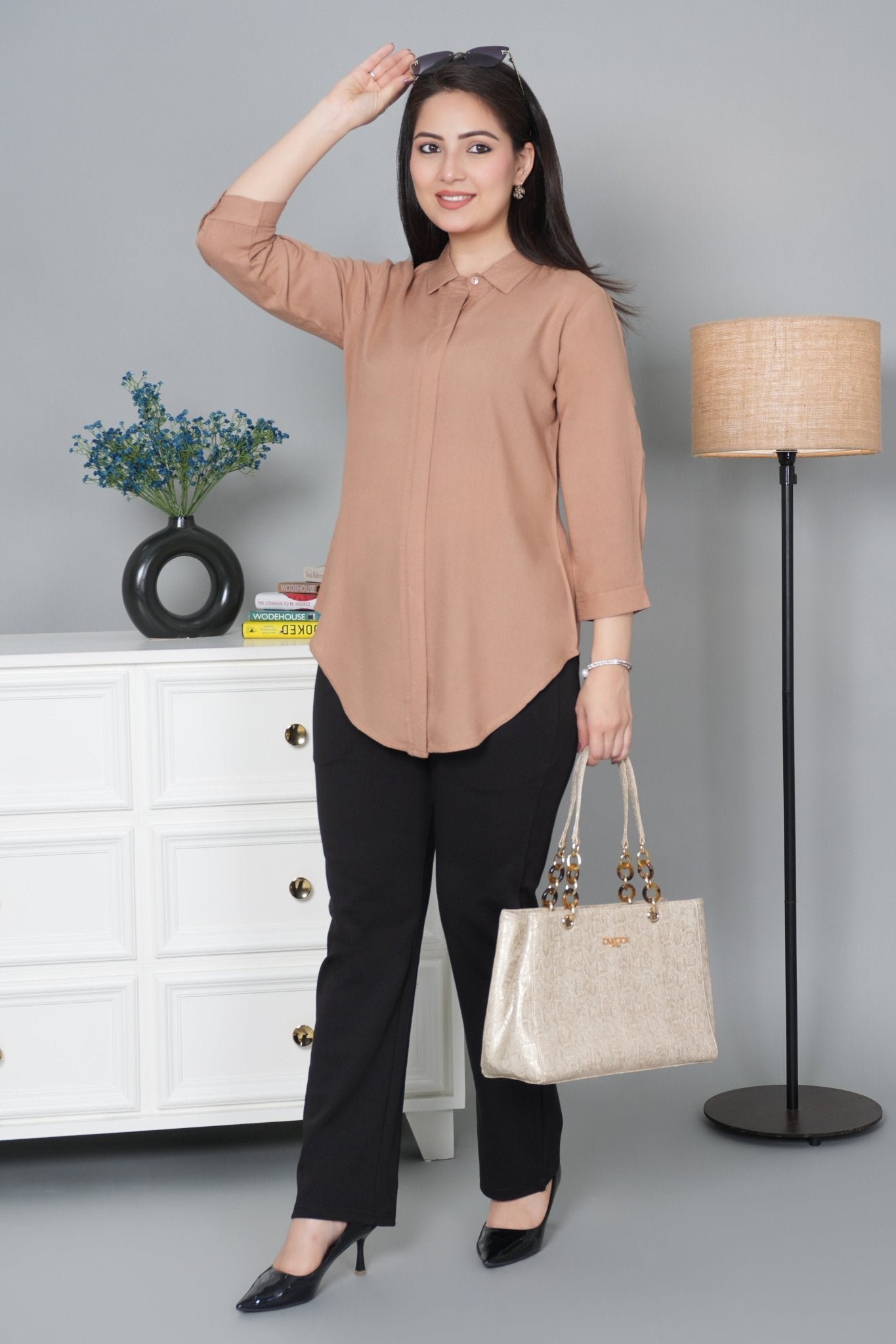 Camel long hemline shirt [ 100% Rayon, Liva Certified ] - Long hemline shirt