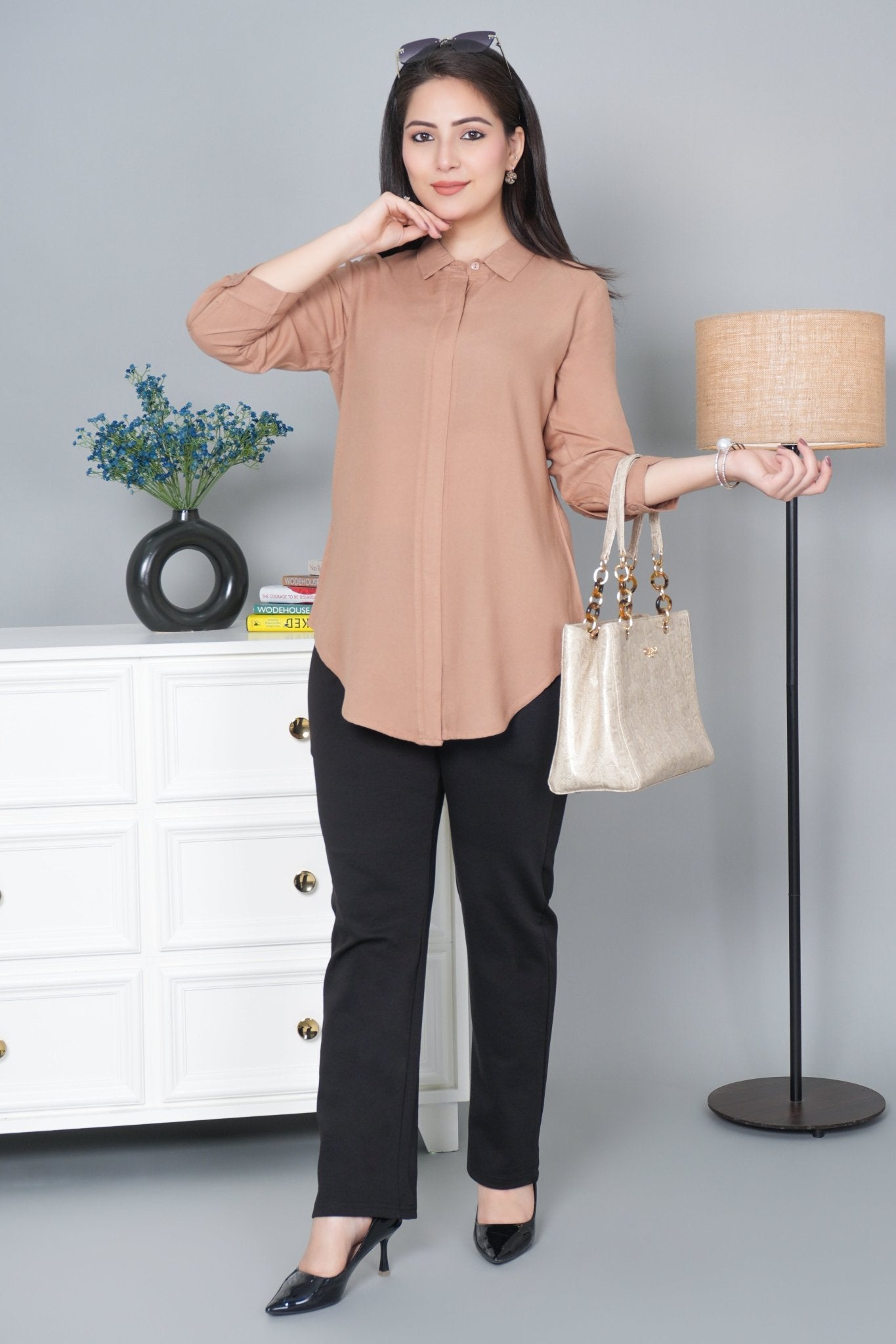 Camel long hemline shirt [ 100% Rayon, Liva Certified ] - Long hemline shirt