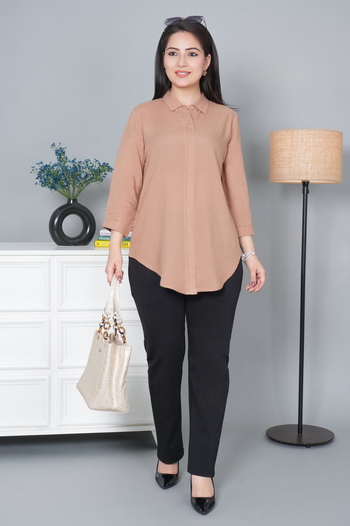 Camel long hemline shirt [ 100% Rayon, Liva Certified ] - Long hemline shirt