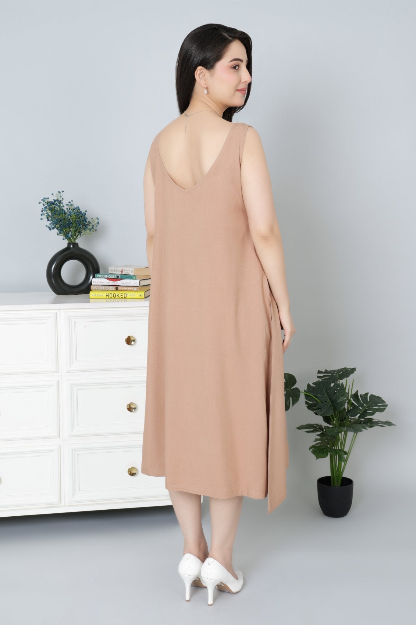 Camel rayon flare dress with pocket [ Premium 100% Rayon, Liva Certified ] - Rayon flare dress with pocket