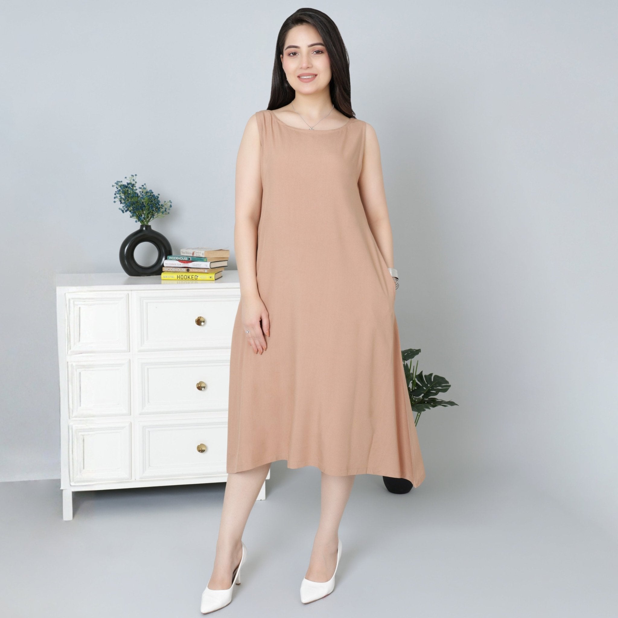Camel rayon flare dress with pocket [ Premium 100% Rayon, Liva Certified ] - Rayon flare dress with pocket