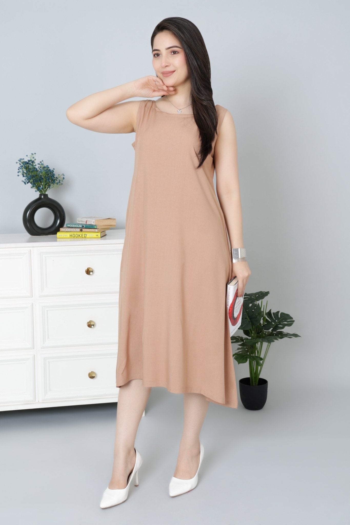 Camel rayon flare dress with pocket [ Premium 100% Rayon, Liva Certified ] - Rayon flare dress with pocket
