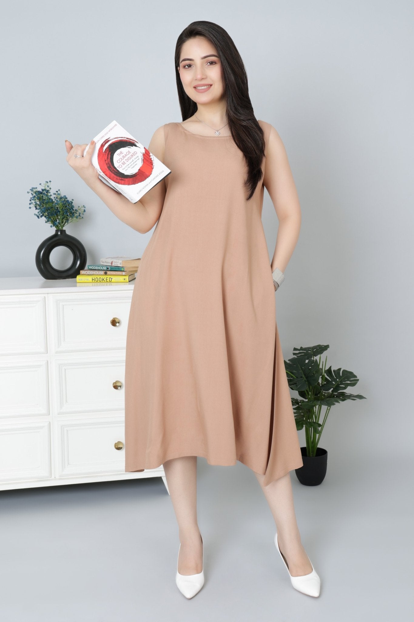 Camel rayon flare dress with pocket [ Premium 100% Rayon, Liva Certified ] - Rayon flare dress with pocket