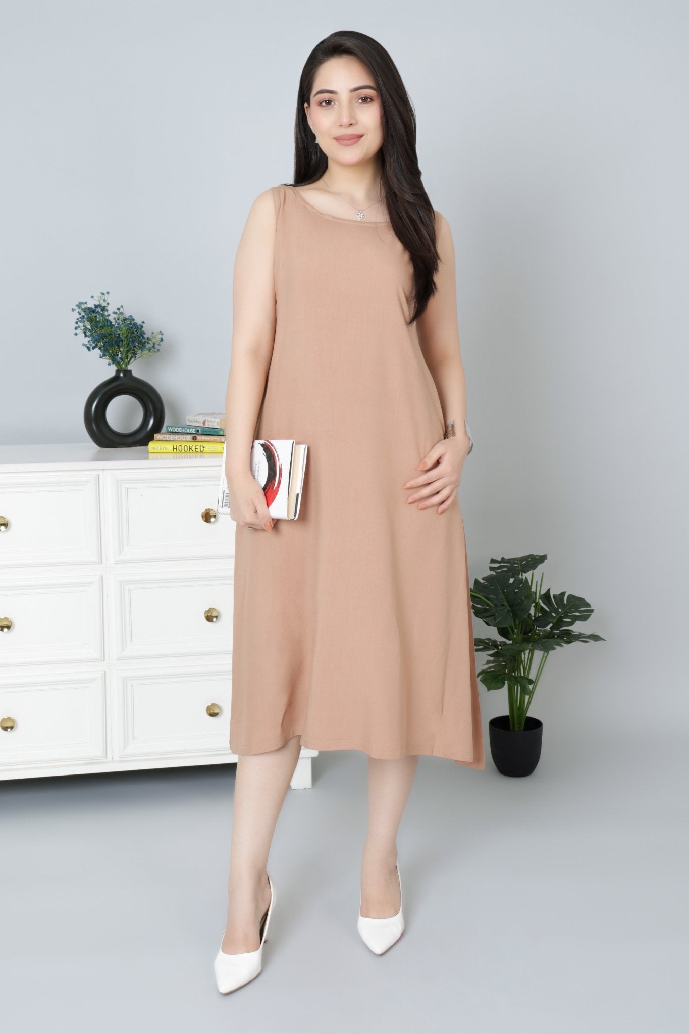 Camel rayon flare dress with pocket [ Premium 100% Rayon, Liva Certified ] - Rayon flare dress with pocket