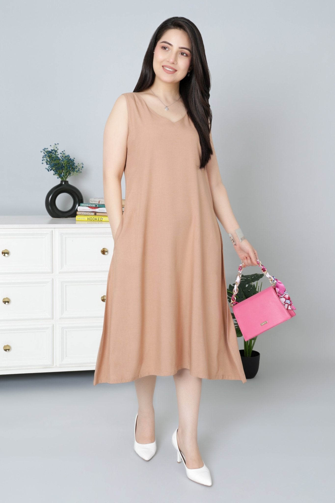 Camel rayon line dress with pocket [ Premium 100% Rayon, Liva Certified ] - Rayon line dress with pocket