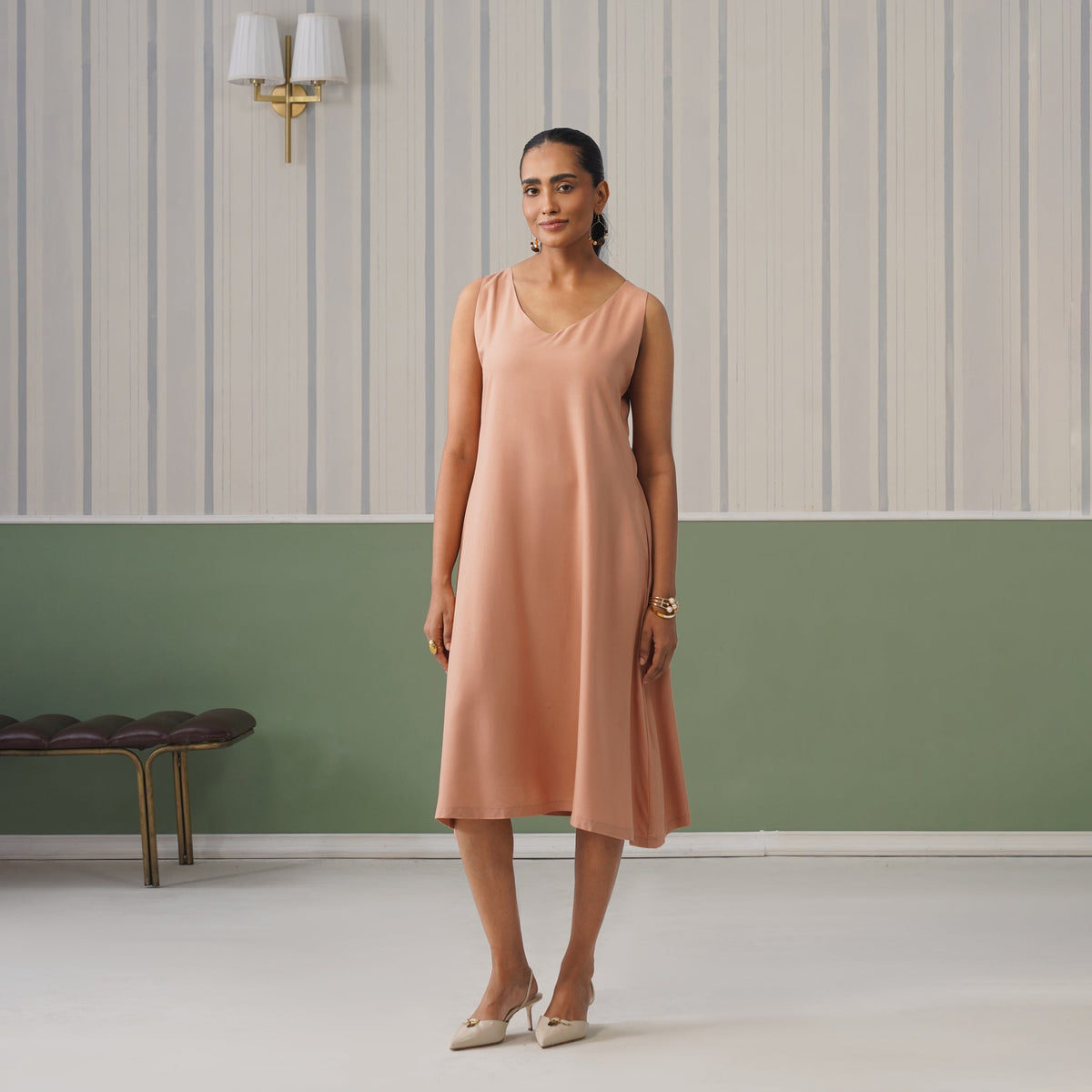 Camel rayon line dress with pocket [ Premium 100% Rayon, Liva Certified ] -Rayon line dress with pocket