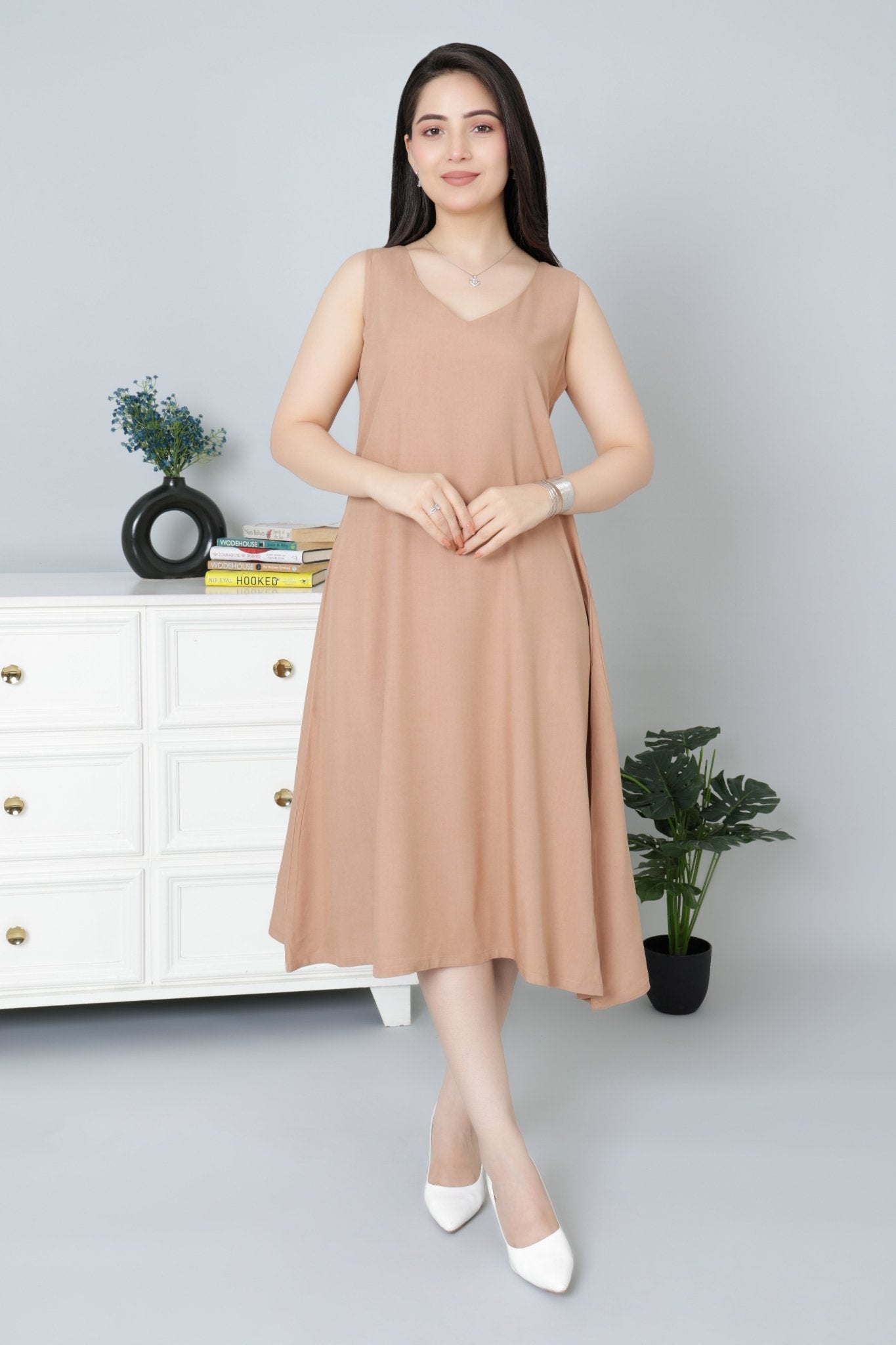 Camel rayon line dress with pocket [ Premium 100% Rayon, Liva Certified ] - Rayon line dress with pocket