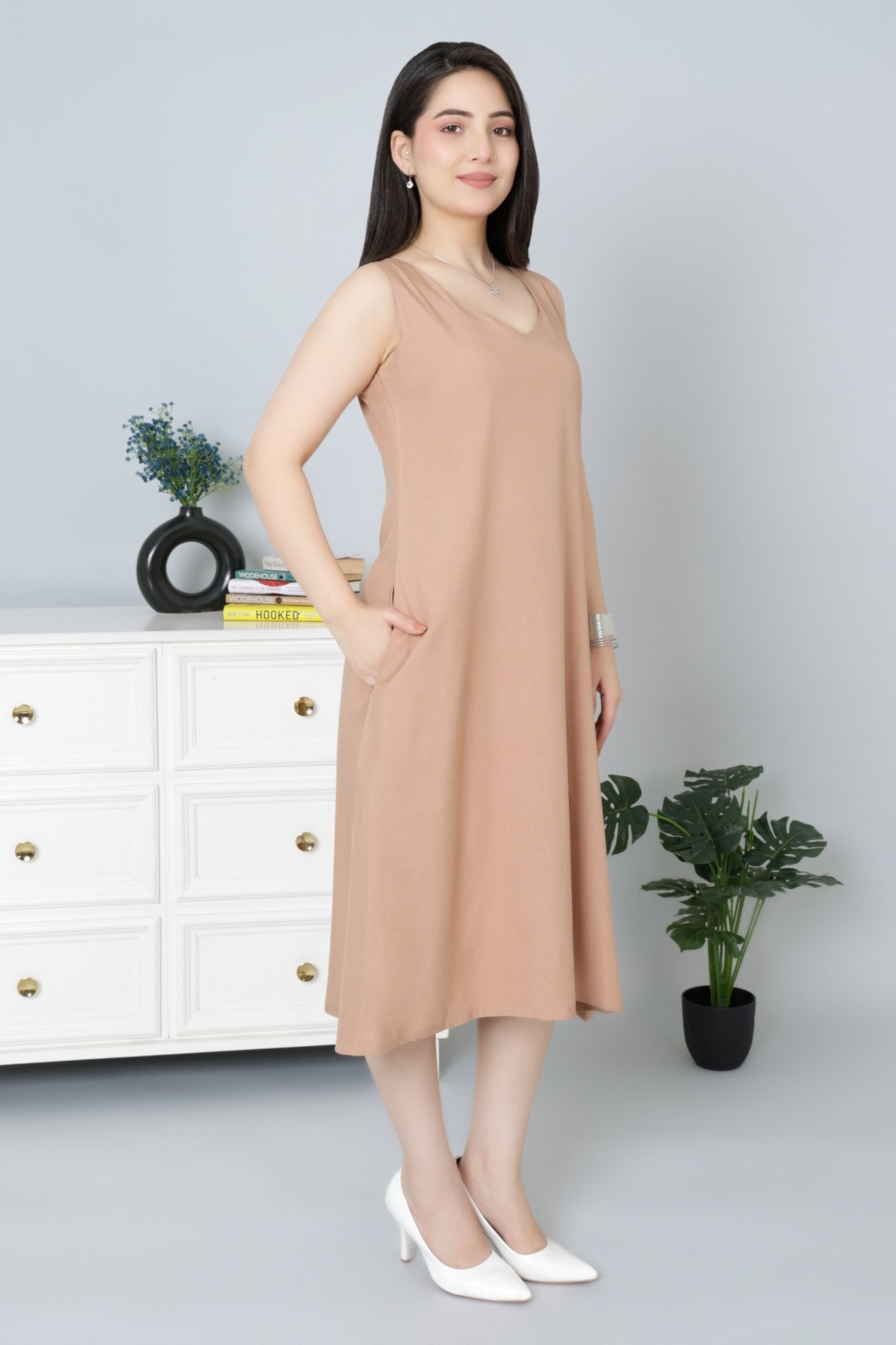 Camel rayon line dress with pocket [ Premium 100% Rayon, Liva Certified ] - Rayon line dress with pocket