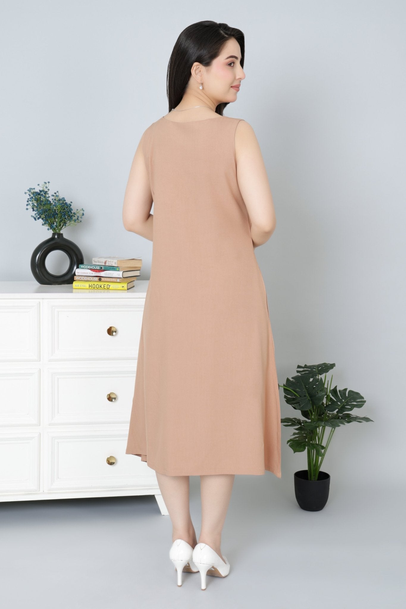 Camel rayon line dress with pocket [ Premium 100% Rayon, Liva Certified ] - Rayon line dress with pocket