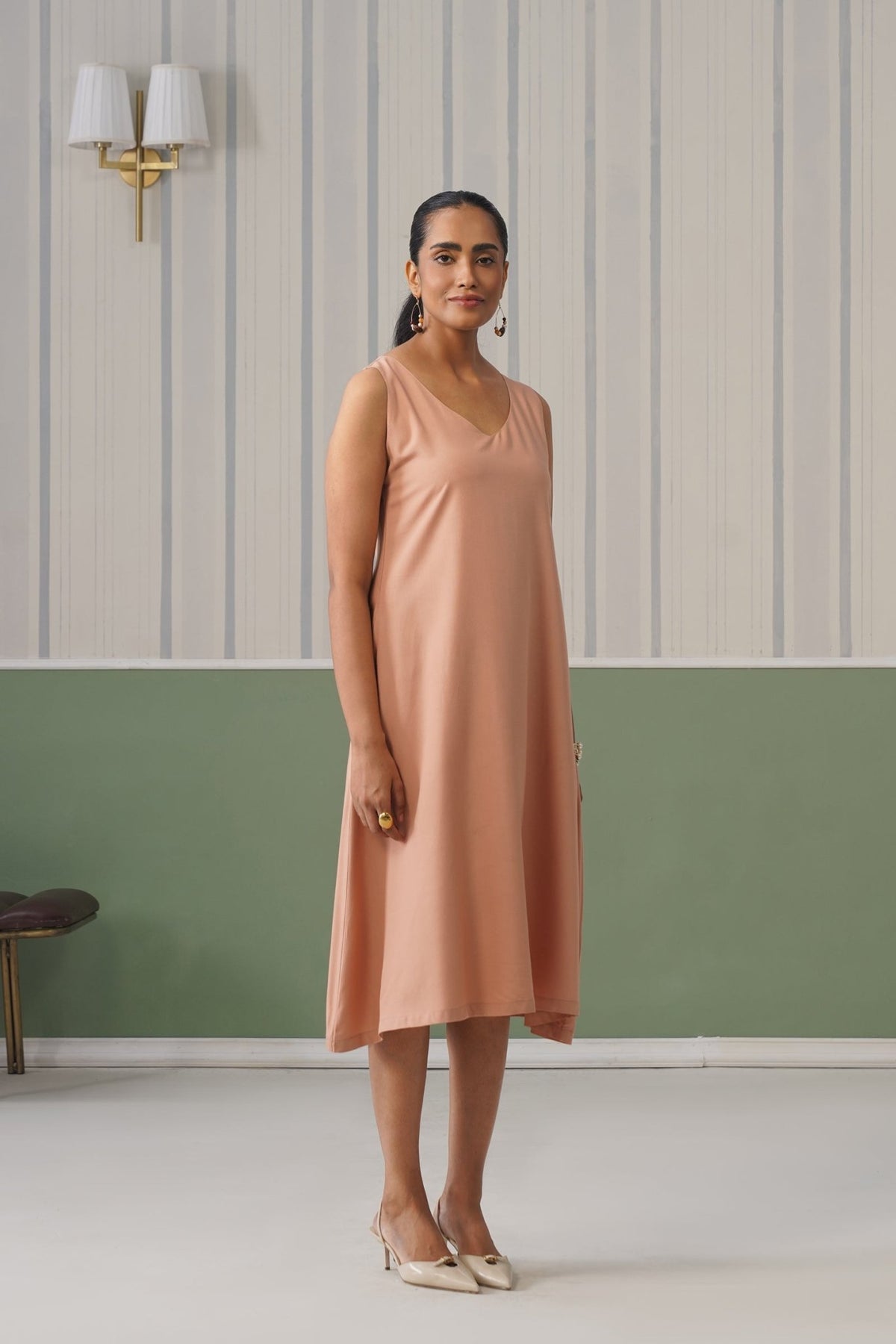 Camel rayon line dress with pocket [ Premium 100% Rayon, Liva Certified ] -Rayon line dress with pocket