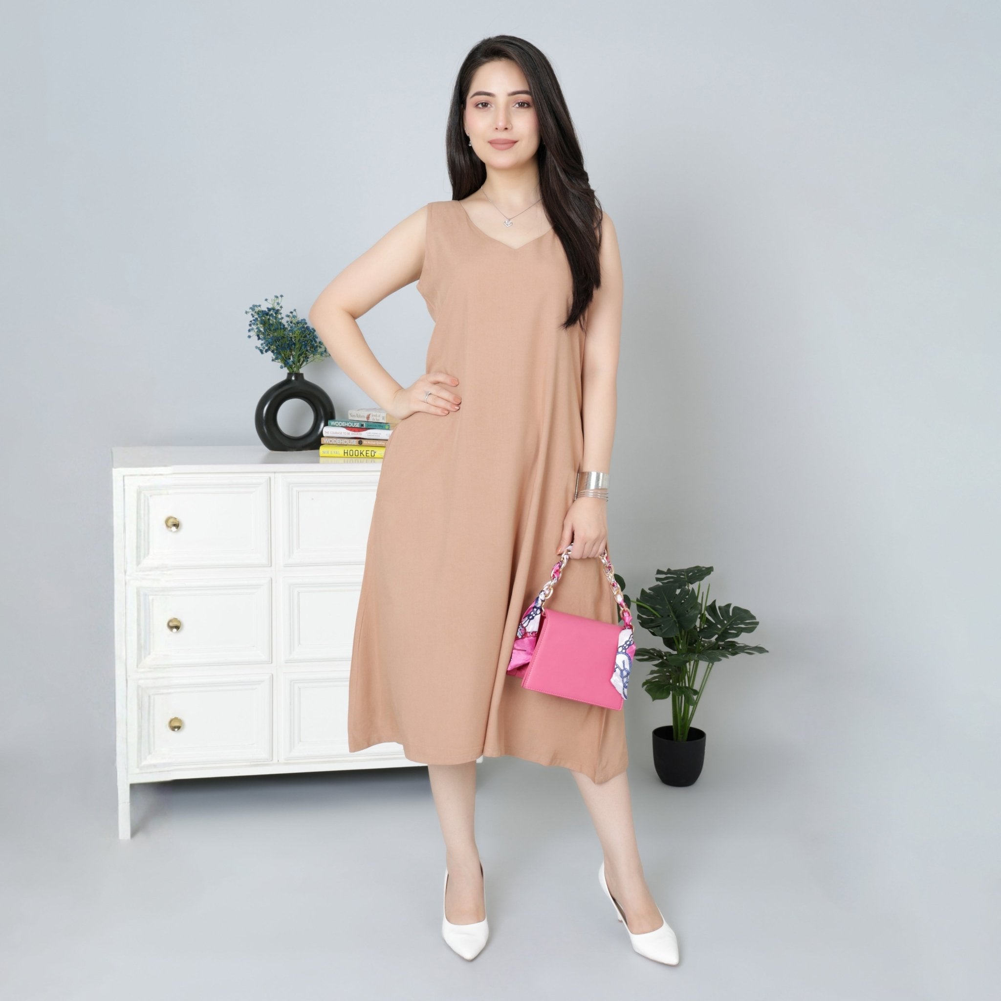 Camel rayon line dress with pocket [ Premium 100% Rayon, Liva Certified ] - Rayon line dress with pocket