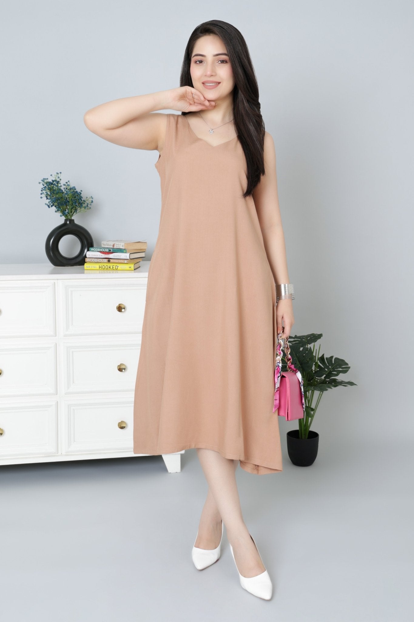 Camel rayon line dress with pocket [ Premium 100% Rayon, Liva Certified ] - Rayon line dress with pocket