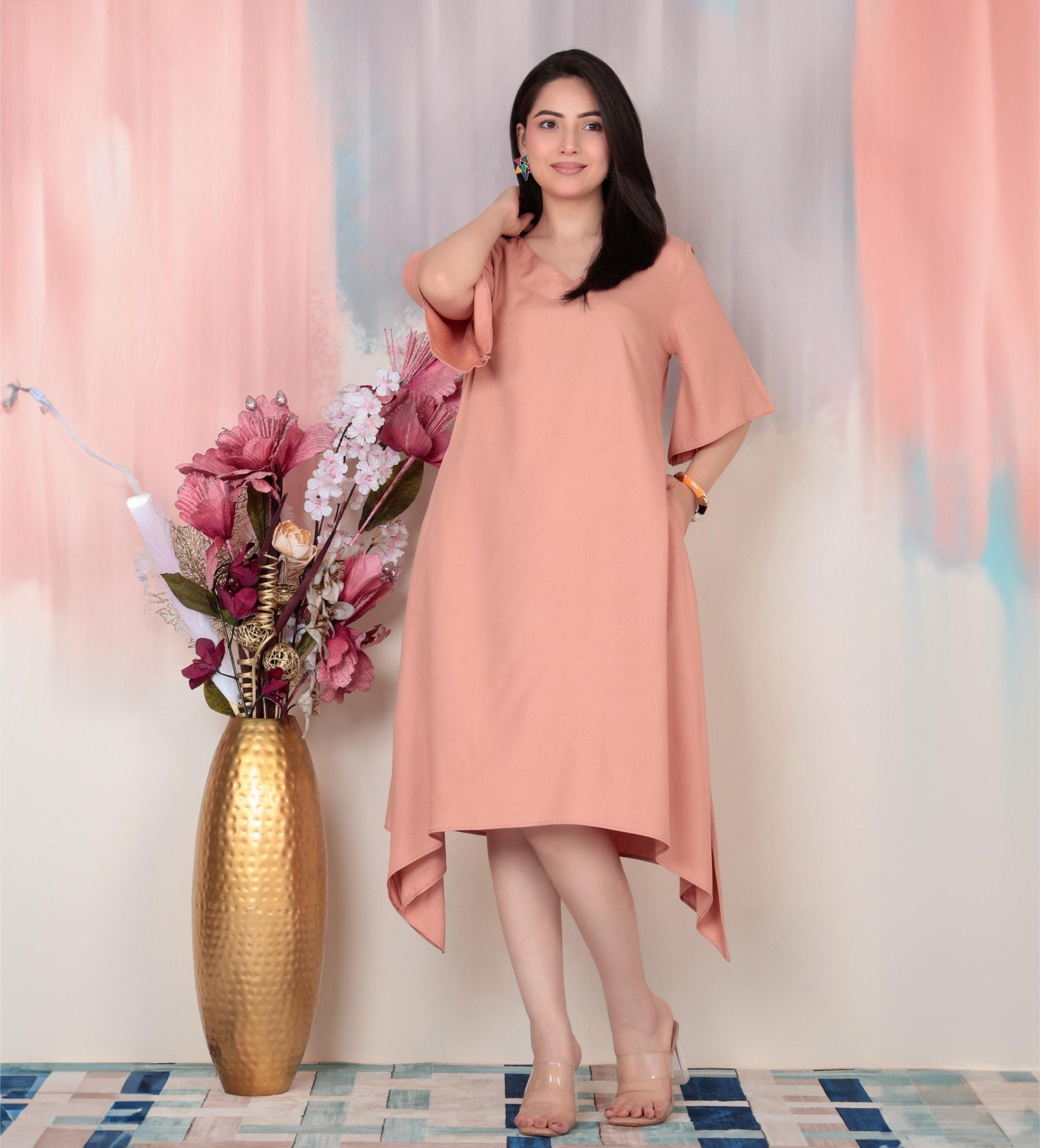 Camel v-neck line dress with sleeves [ Premium 100% Rayon, Liva Certified ] -Rayon flare dress with pocket
