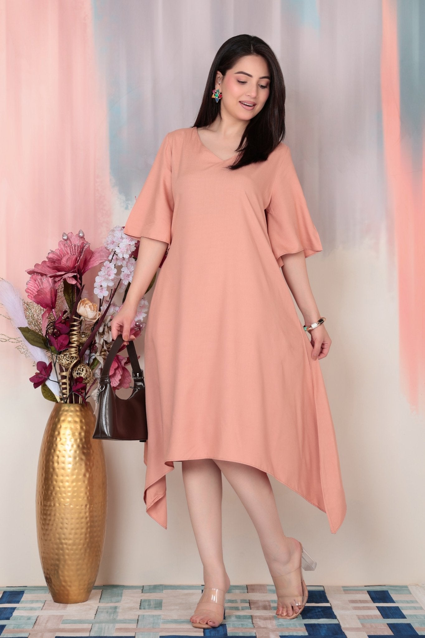 Camel v-neck line dress with sleeves [ Premium 100% Rayon, Liva Certified ] -Rayon flare dress with pocket