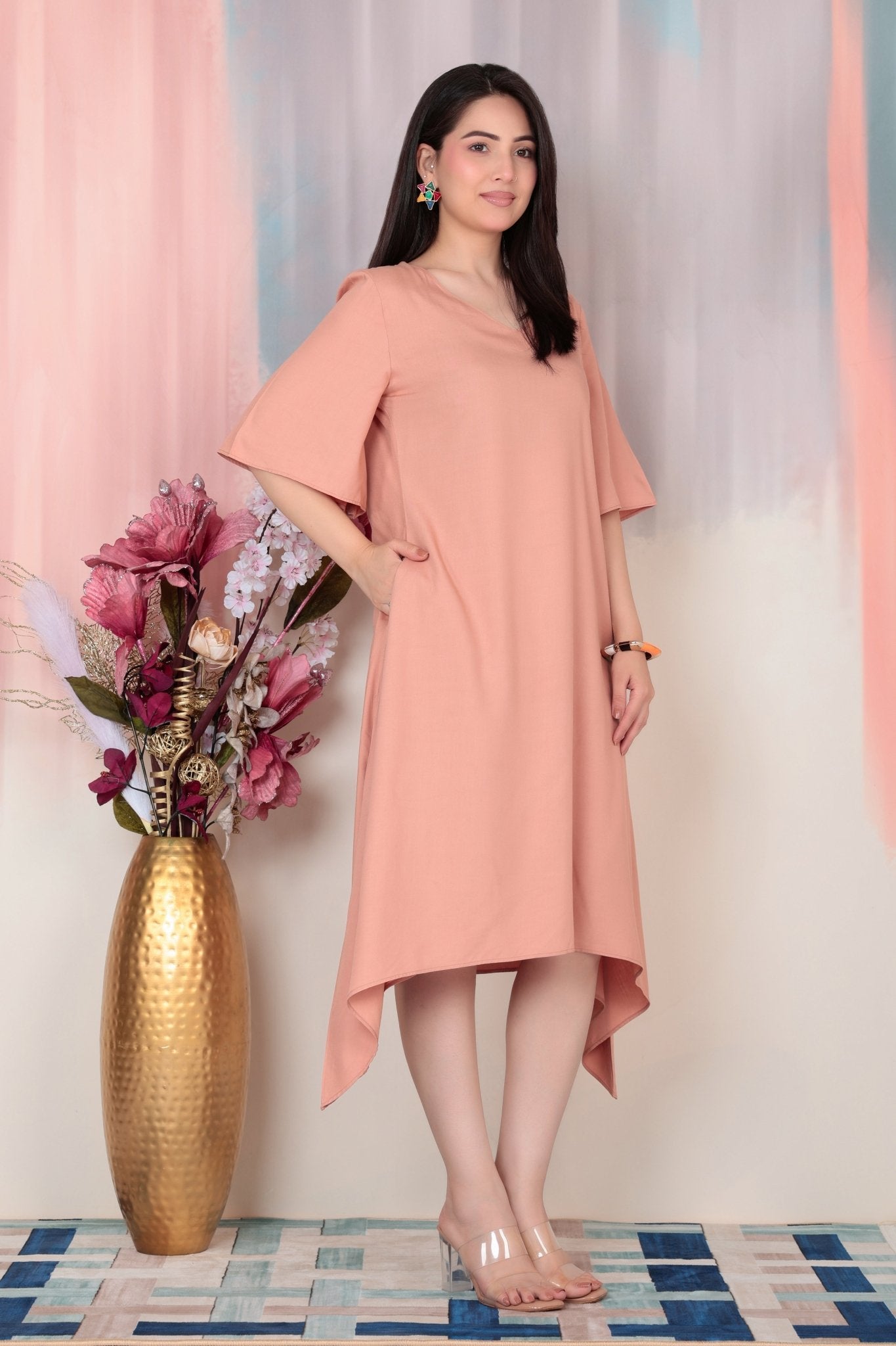 Camel v-neck line dress with sleeves [ Premium 100% Rayon, Liva Certified ] -Rayon flare dress with pocket