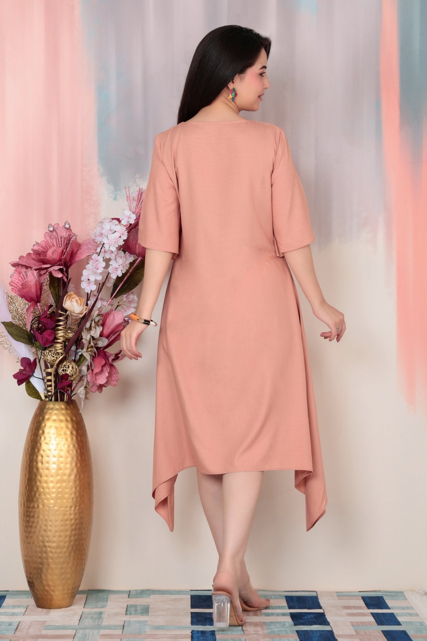 Camel v-neck line dress with sleeves [ Premium 100% Rayon, Liva Certified ] -Rayon flare dress with pocket