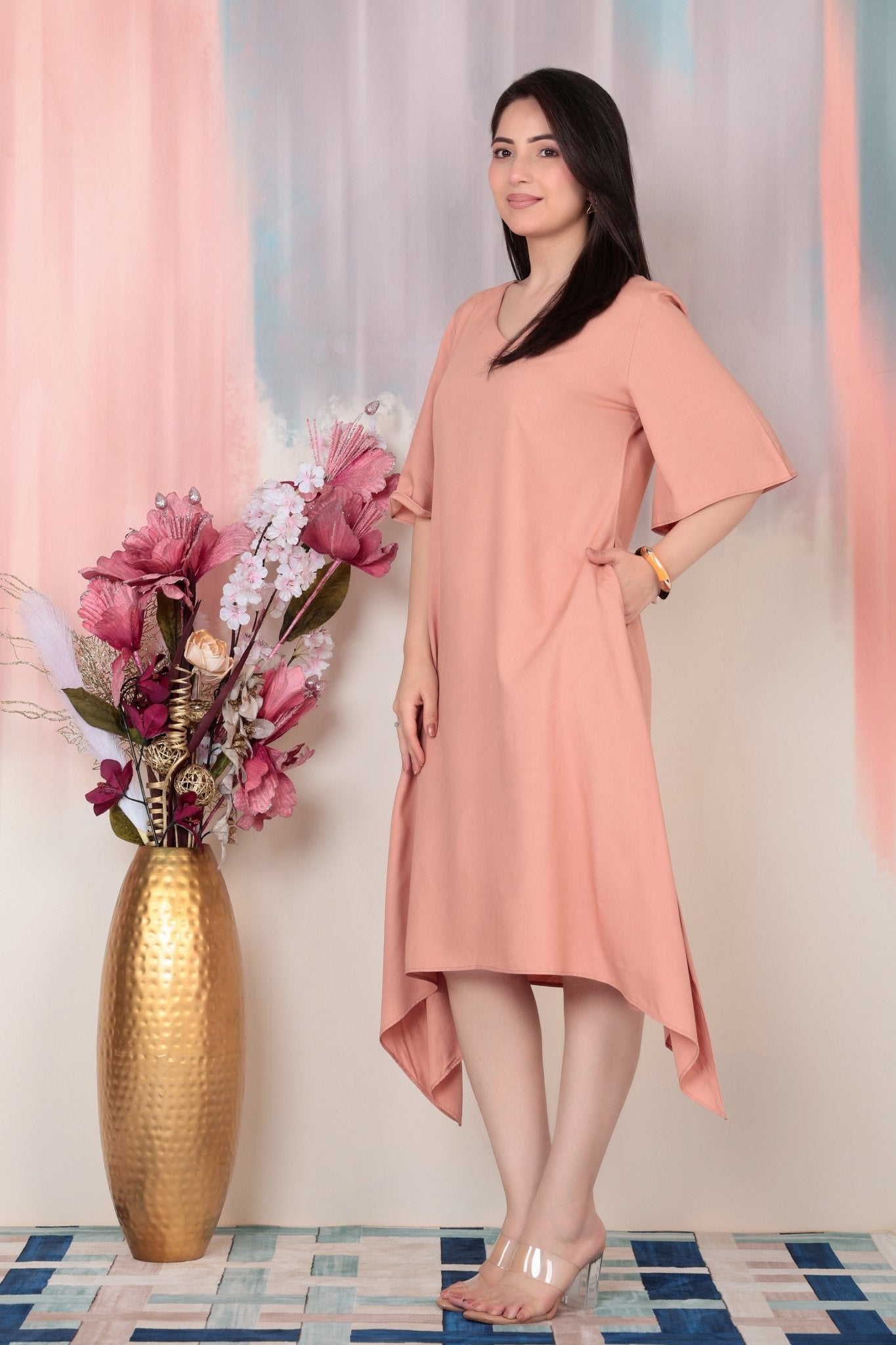 Camel v-neck line dress with sleeves [ Premium 100% Rayon, Liva Certified ] -Rayon flare dress with pocket