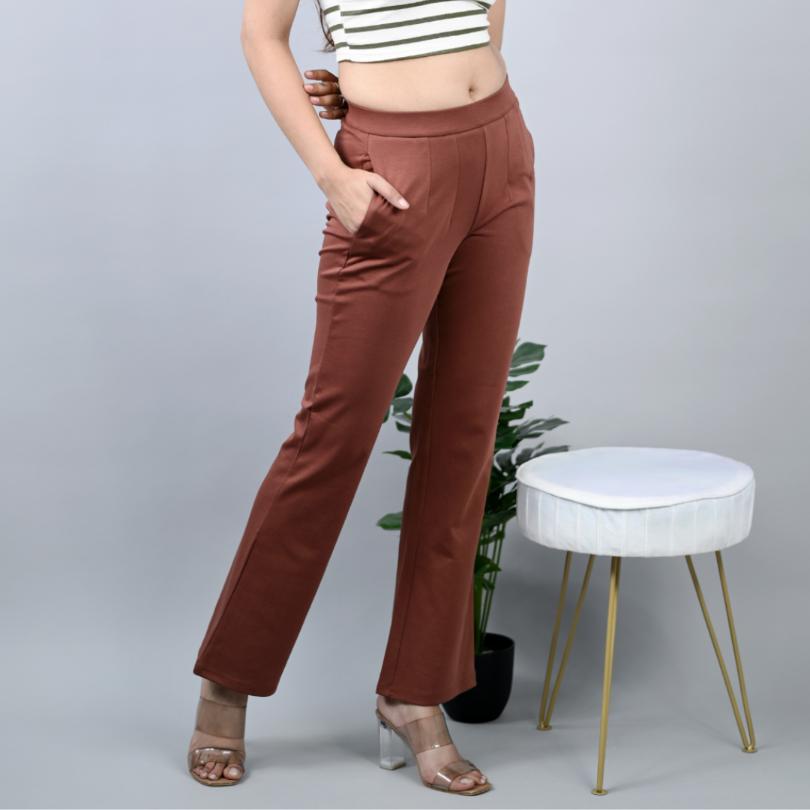 Caramel stretchable biowash cotton bootcut flare pants with superior elastic belt. - Milano bootcut flare pants