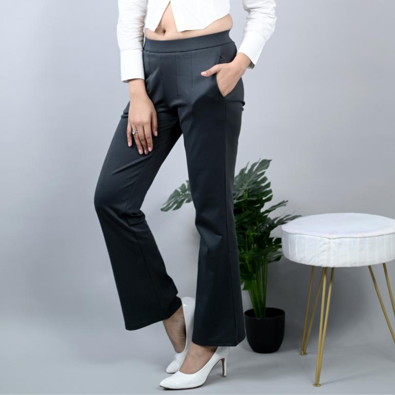 Charcoal stretchable biowash cotton bootcut flare pants with superior elastic belt. - Milano bootcut flare pants