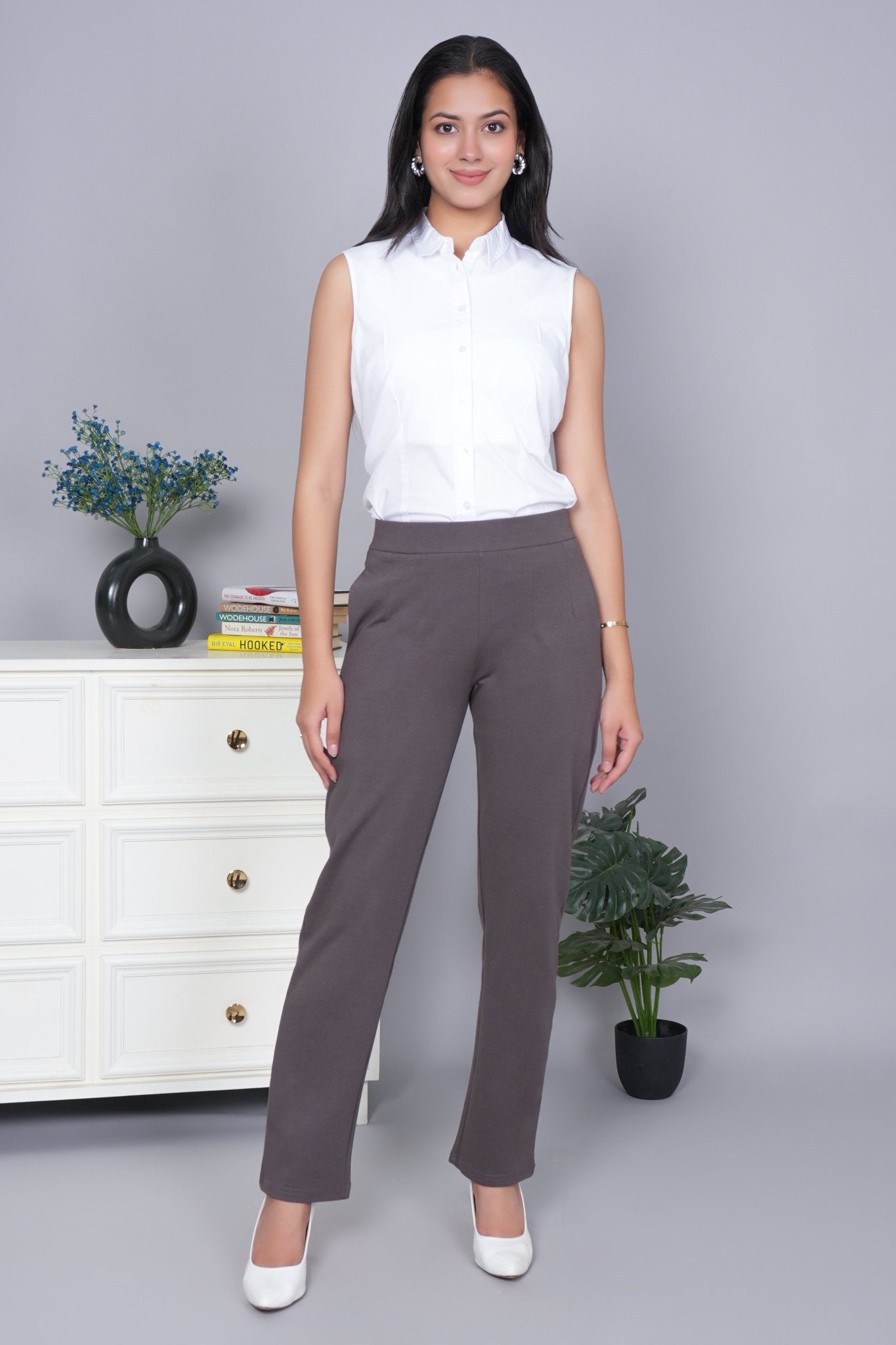 Choco chip stretchable biowash USA HQ cotton cigarette pencil pants with superior elastic belt. [Straight fit] - Milano cigarette pencil pants
