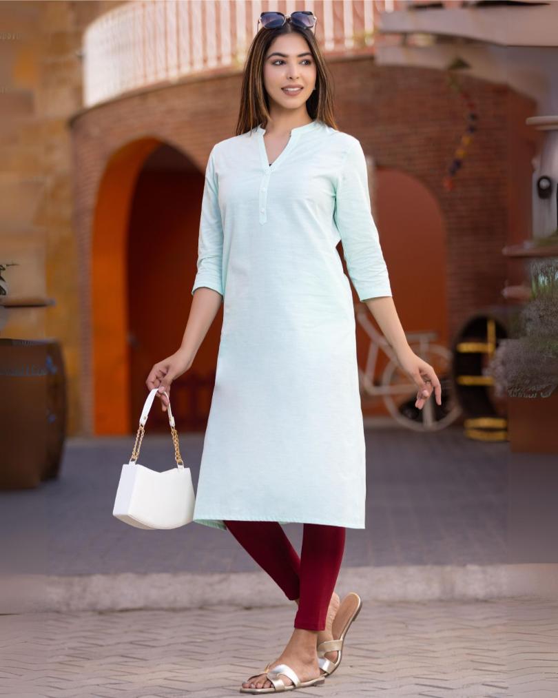 Classic Mint Cotton Linen Long Kurti for officewear - Long kurti