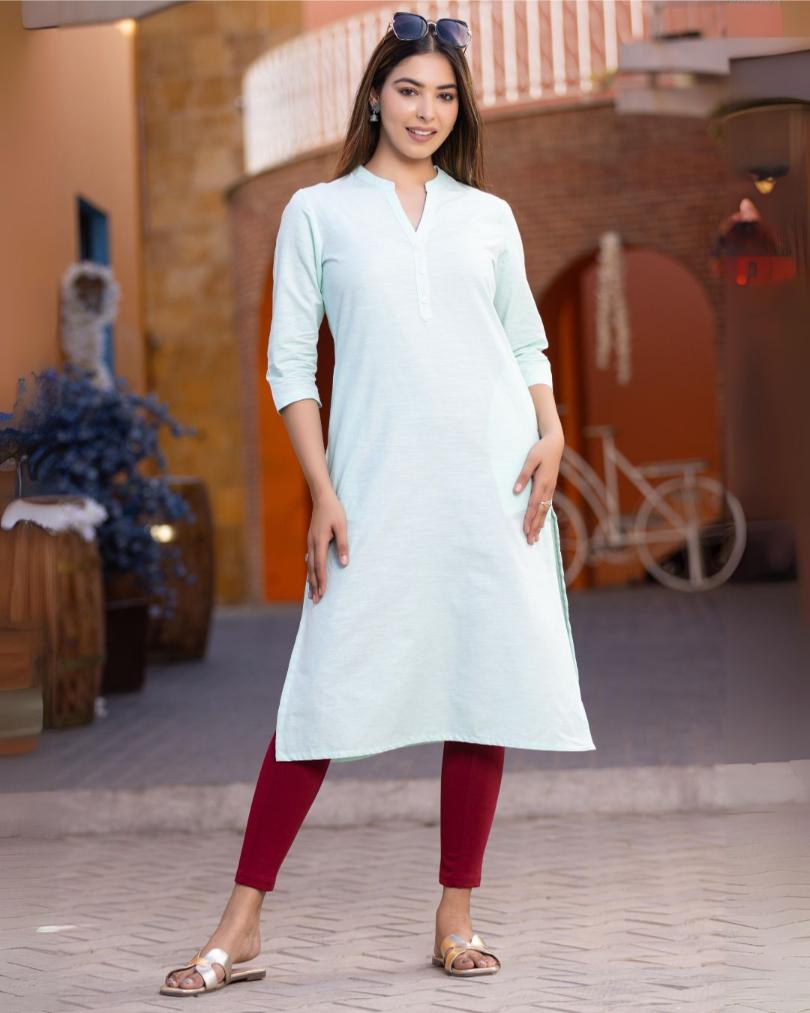 Classic Mint Cotton Linen Long Kurti for officewear - Long kurti
