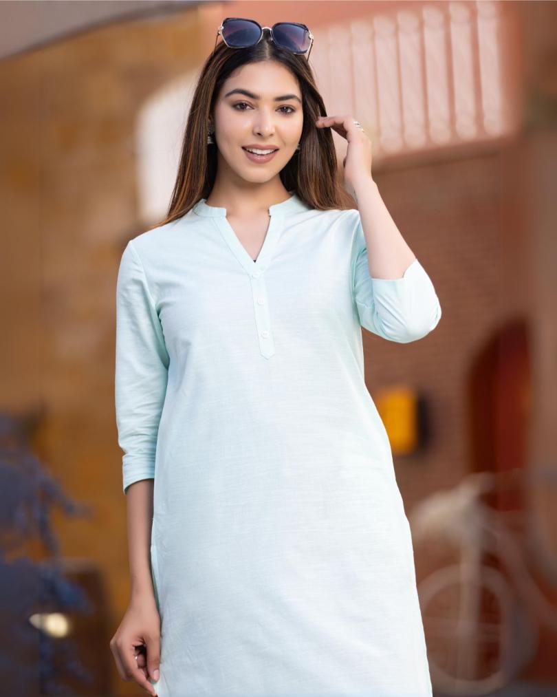 Classic Mint Cotton Linen Long Kurti for officewear - Long kurti