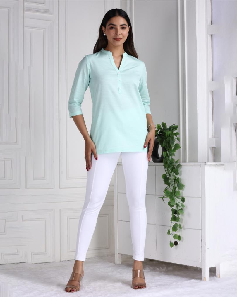 Classic Mint Cotton Linen Short Kurti - Short kurta