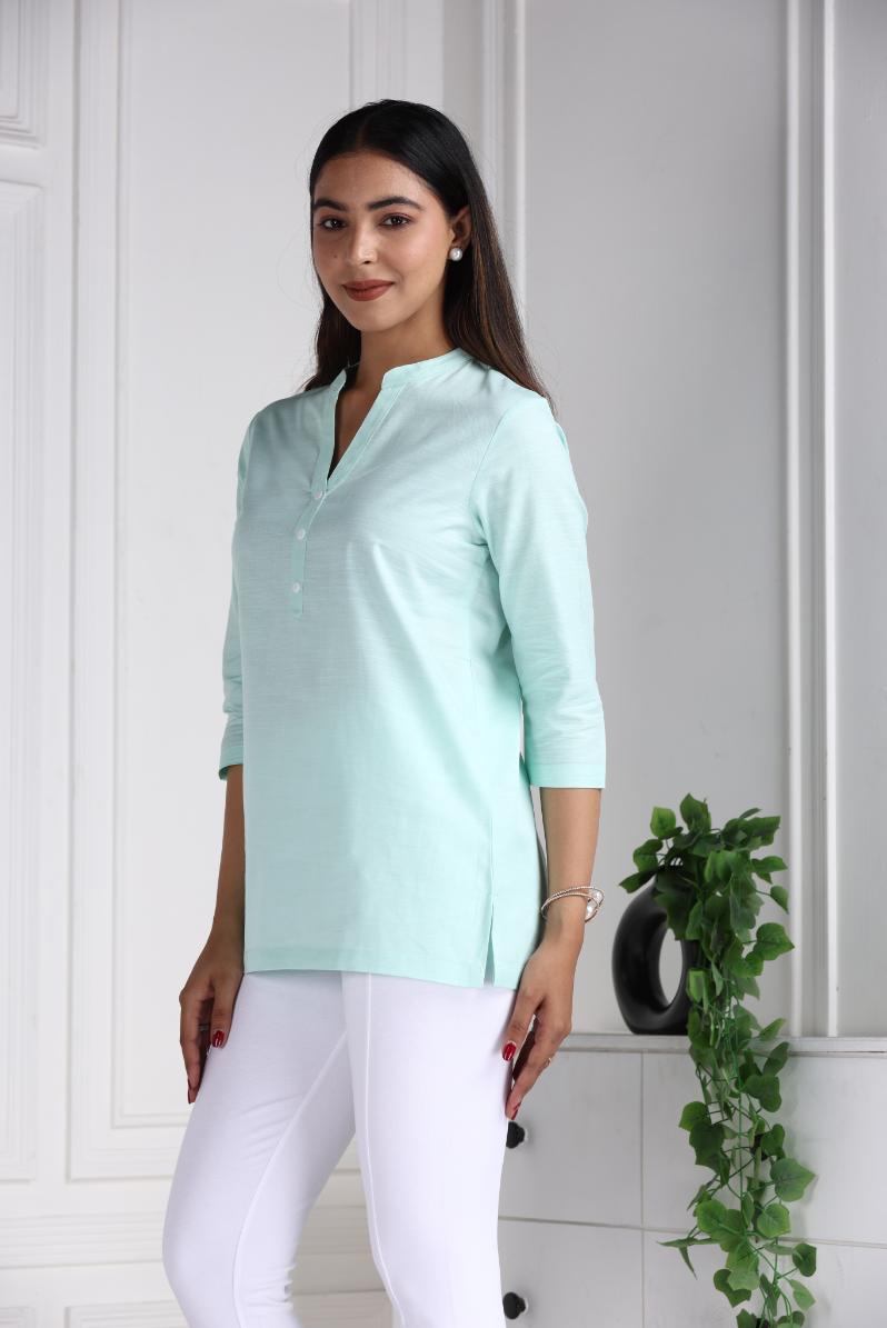 Classic Mint Cotton Linen Short Kurti - Short kurta