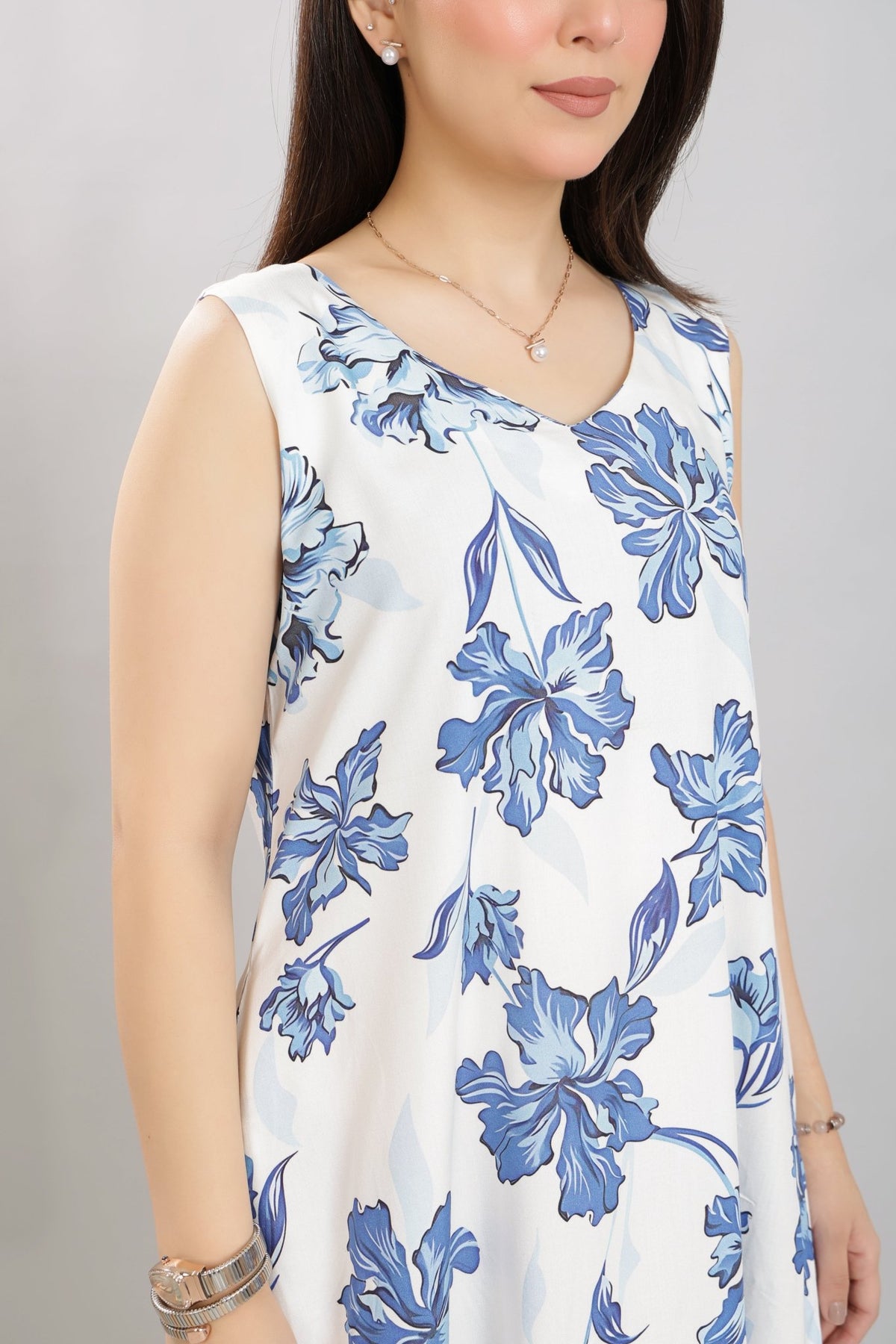 Coastal Blue Rayon A Line Printed Dress [100% pure rayon] -Cotton midi dress