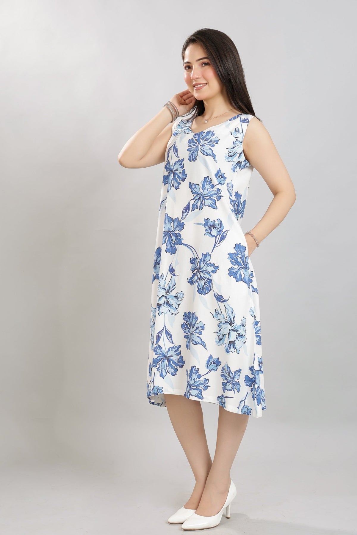 Coastal Blue Rayon A Line Printed Dress [100% pure rayon] -Cotton midi dress