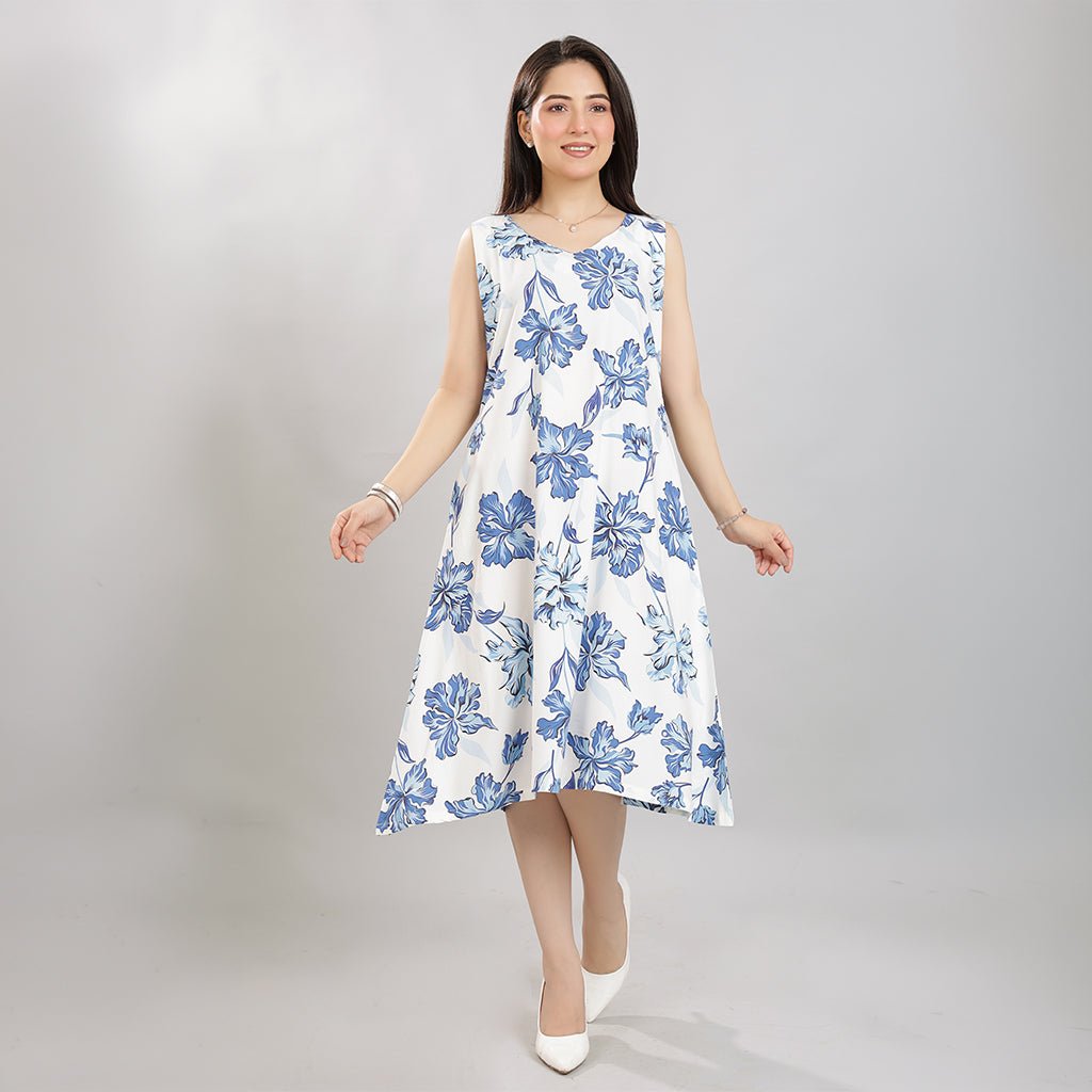 Coastal Blue Rayon A Line Printed Dress [100% pure rayon] -Cotton midi dress