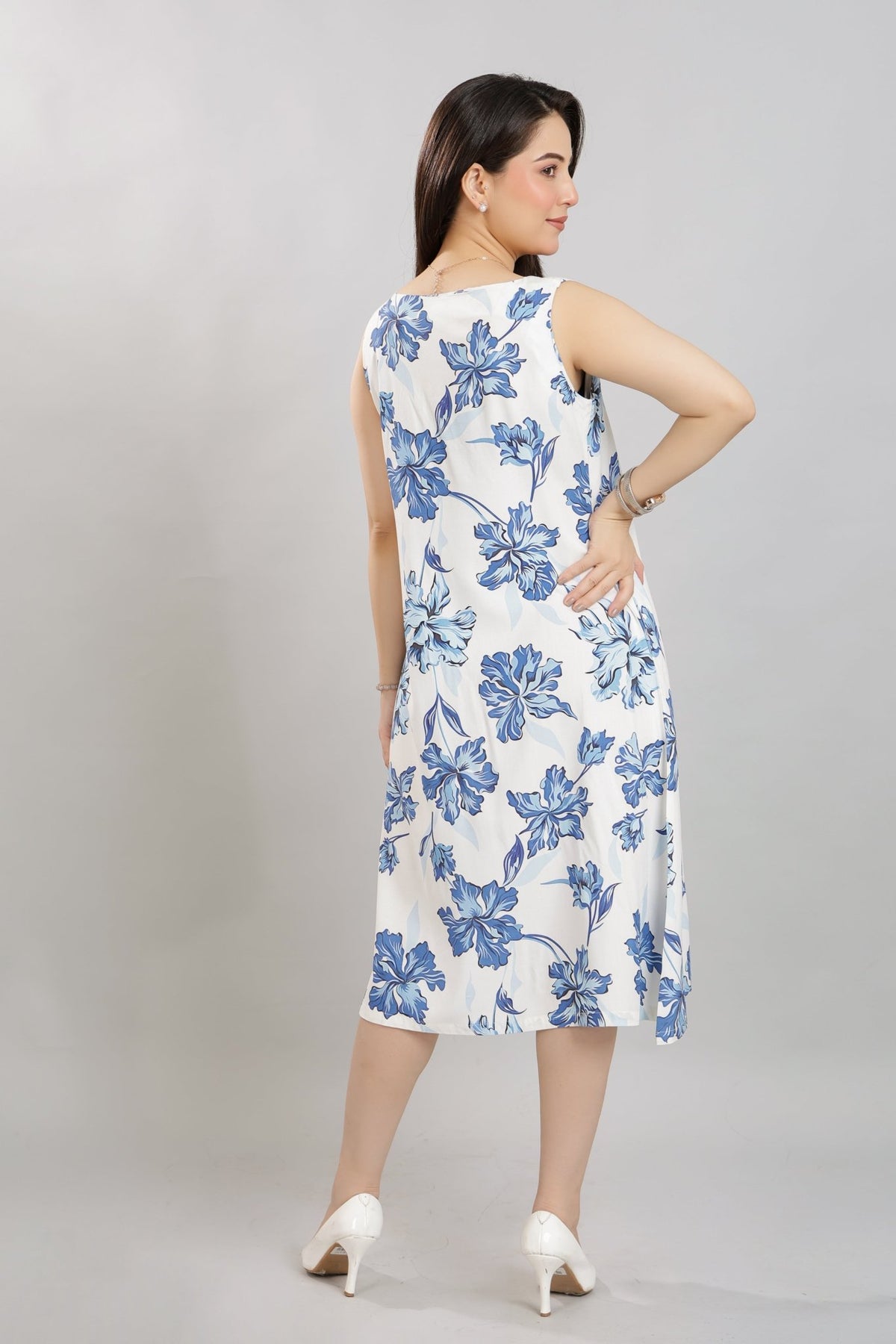 Coastal Blue Rayon A Line Printed Dress [100% pure rayon] -Cotton midi dress