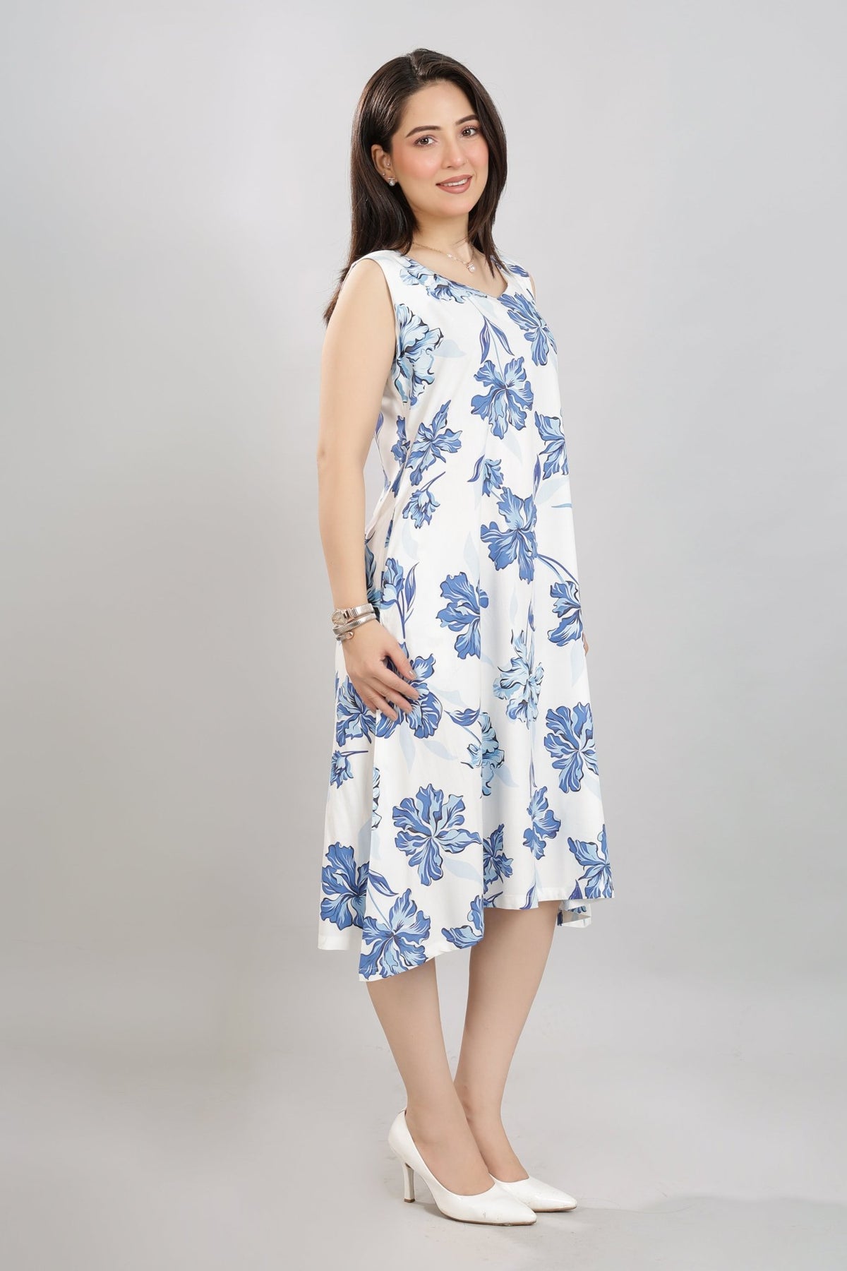 Coastal Blue Rayon A Line Printed Dress [100% pure rayon] -Cotton midi dress