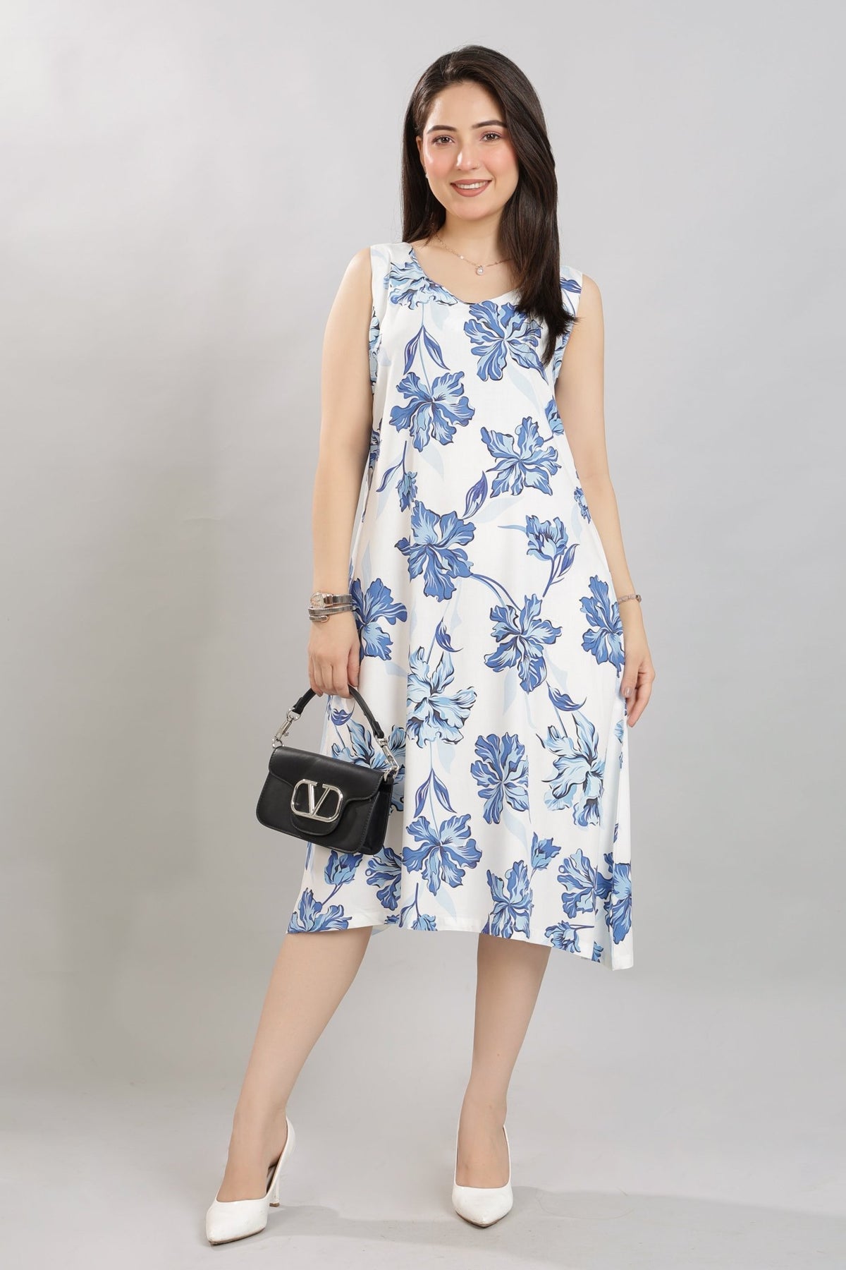 Coastal Blue Rayon A Line Printed Dress [100% pure rayon] -Cotton midi dress