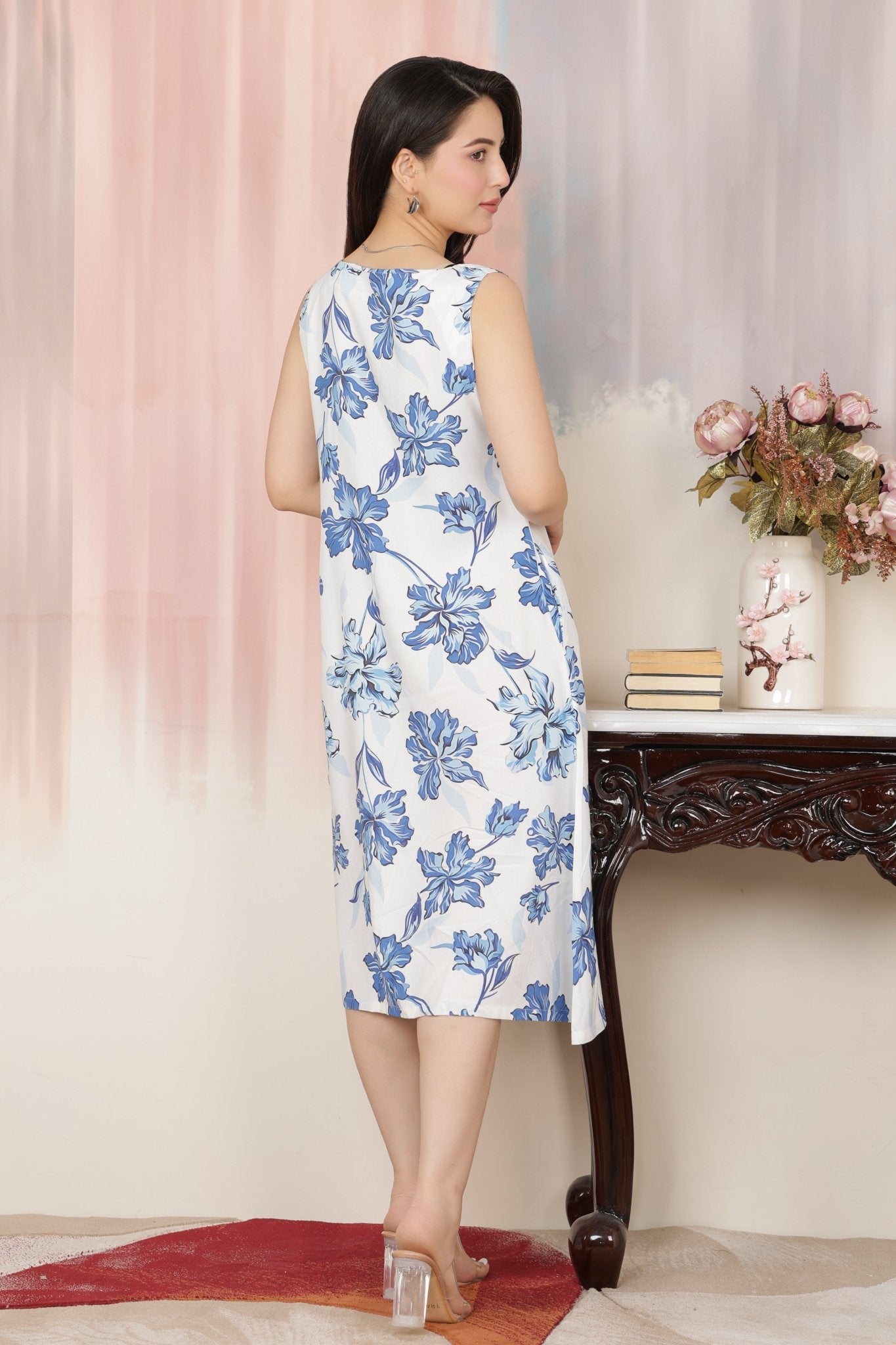 Coastal Blue Rayon A Line Printed Dress [100% pure rayon] -Cotton midi dress