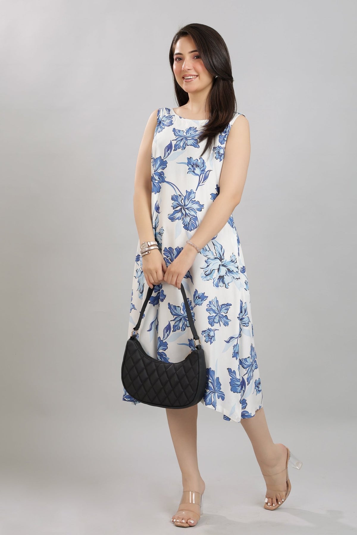 Coastal Blue Rayon Printed Flare Dress [100% pure rayon] -Cotton midi dress