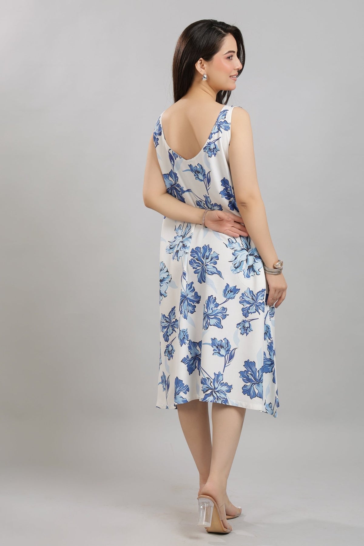 Coastal Blue Rayon Printed Flare Dress [100% pure rayon] -Cotton midi dress
